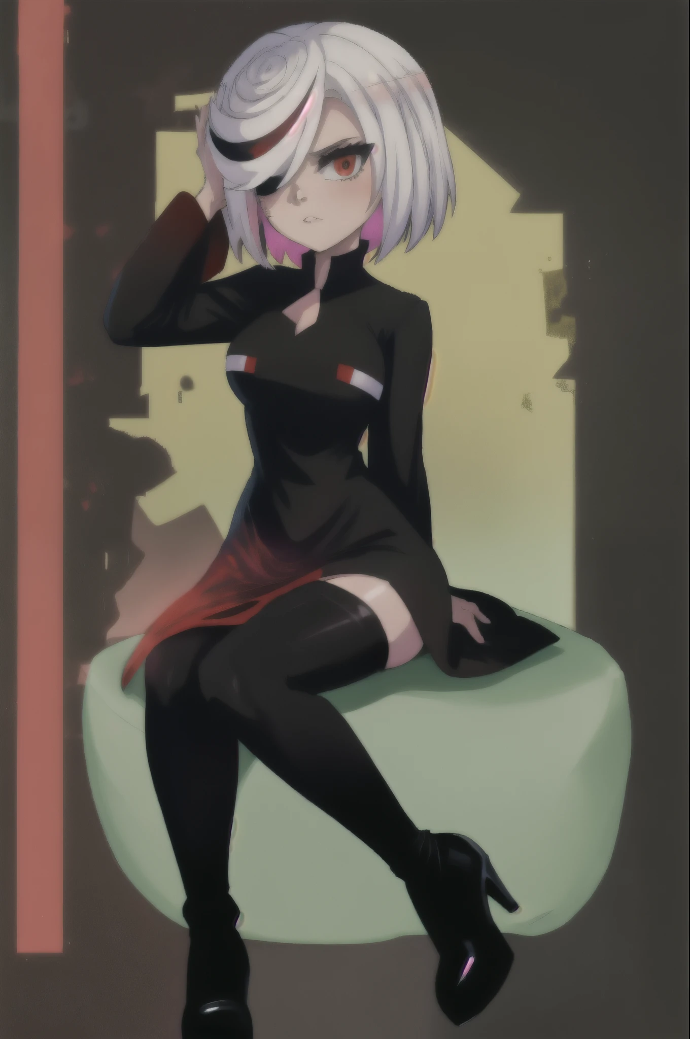 sthsage, Sage as an Adult, ((lower back length hair)), white hair, multicolored hair, hair over one eye, red eyes, ((black dress)), black pantyhose, sitting, blank expression, ((lab background)), medium breasts, (long sleeves), eggmaam styled black dress, eggmaam cosplay, eggmaam uniform, black thigh high boots, heels 
