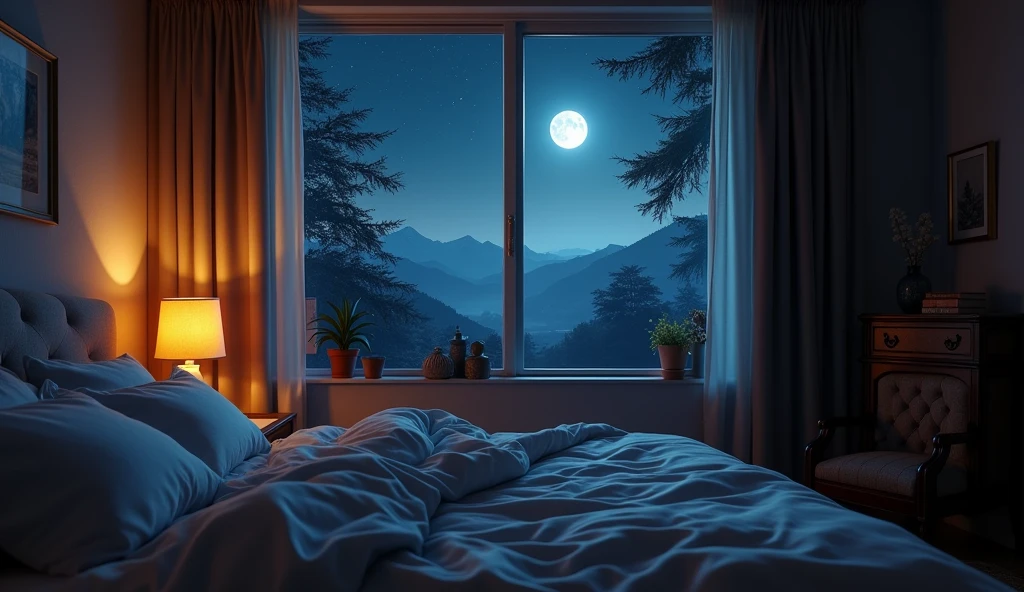bedroom、Window with a night view、Dimly lit room、Live-action-like images、High quality、Super Real、Night image、beautiful、Highest quality、