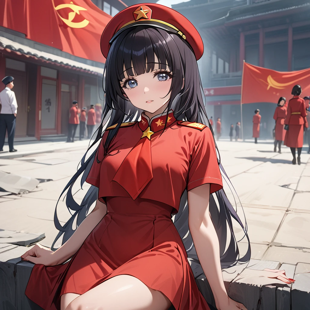 ((Highest quality)), ((masterpiece)), (detailed), （Perfect Face）、The woman is Reika Aoki with semi-long hair、The woman abandoned her Japanese identity and became Chinese.、The woman has become a full-fledged member of the Chinese Communist Party, dresses in Communist Party clothing, and works as a Communist Party spokesperson.