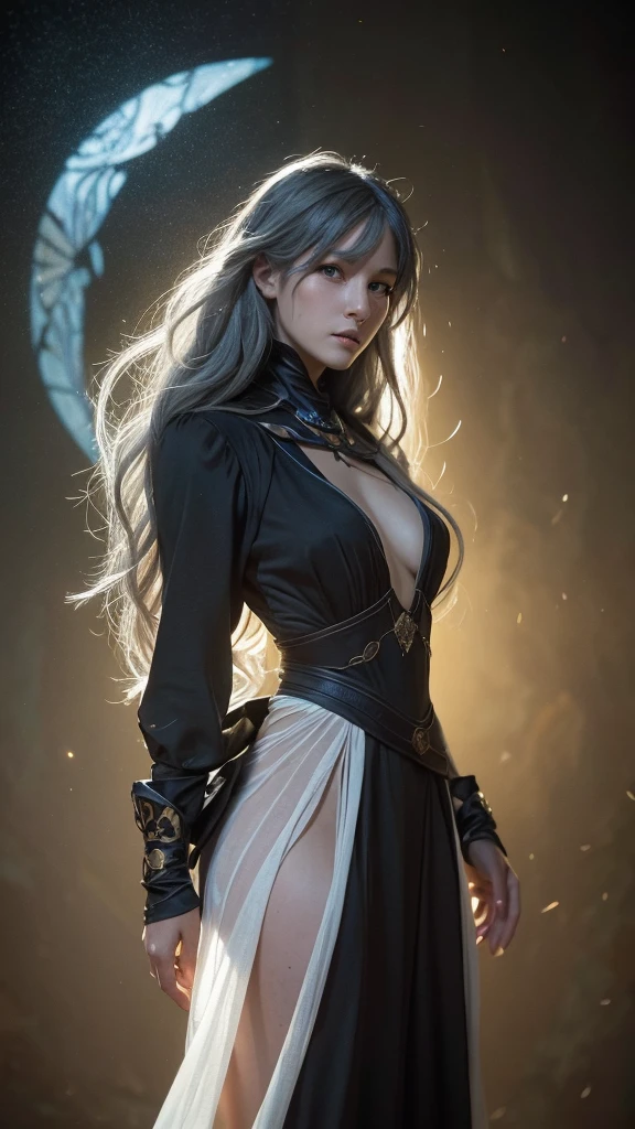 Surrealistic Female Character Art by David Hockney and Alphonse Mucha, Fantasy art, Realistic art, Dynamic Lighting, Art Station, Volumetric lighting, Highly detailed face, 8k yen,Full HD, Award-winning,, One person, In the Dark, Deep Shadow, Modest, Cowboy Shot, (Official Costume: 1.4), Long Hair, Gray Hair, Dyeing hair with black light