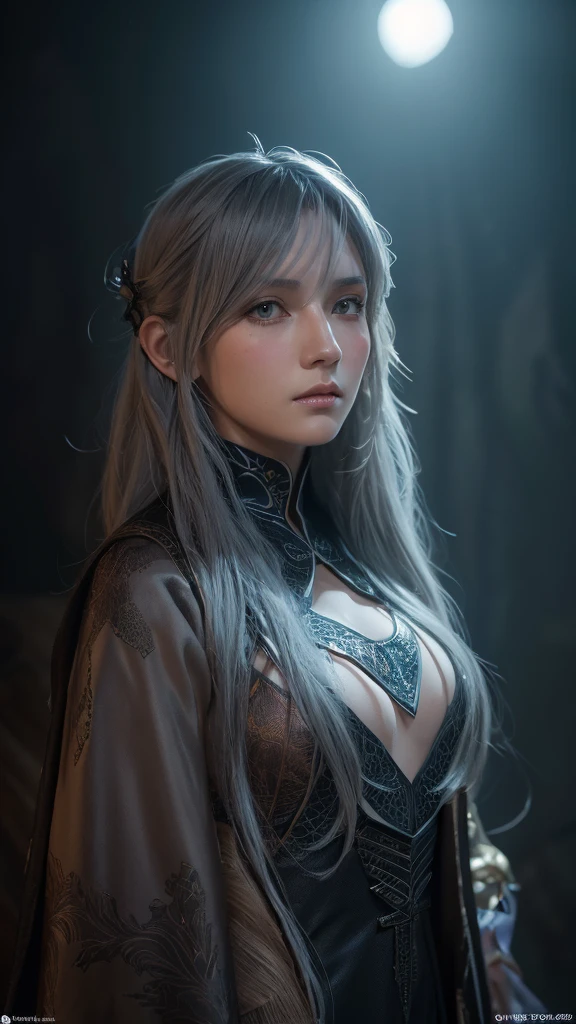 Surrealistic Female Character Art by David Hockney and Alphonse Mucha, Fantasy art, Realistic art, Dynamic Lighting, Art Station, Volumetric lighting, Highly detailed face, 8k yen,Full HD, Award-winning,, One person, In the Dark, Deep Shadow, Modest, Cowboy Shot, (Official Costume: 1.4), Long Hair, Gray Hair, Dyeing hair with black light
