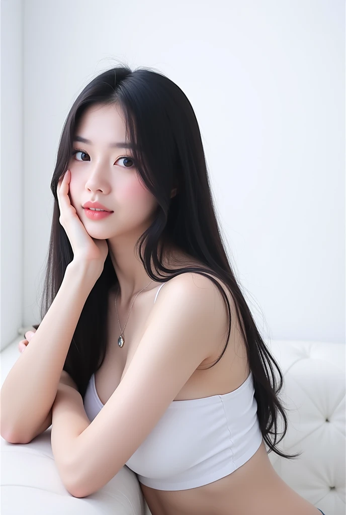 (full body shot:1), photorealistic image of a woman, ultrarealistic, photography, straight long black hair, asian woman, beautiful cute sexy asian 20 years old woman, hourglass figure, perfect body, Flirty look, natural big breasts, long eyelashes, cat eye make-up, double eyelids, sexy pose, erotic pose, seductive pose, big breasts,  big tits , wearing a cute sexy white tube top