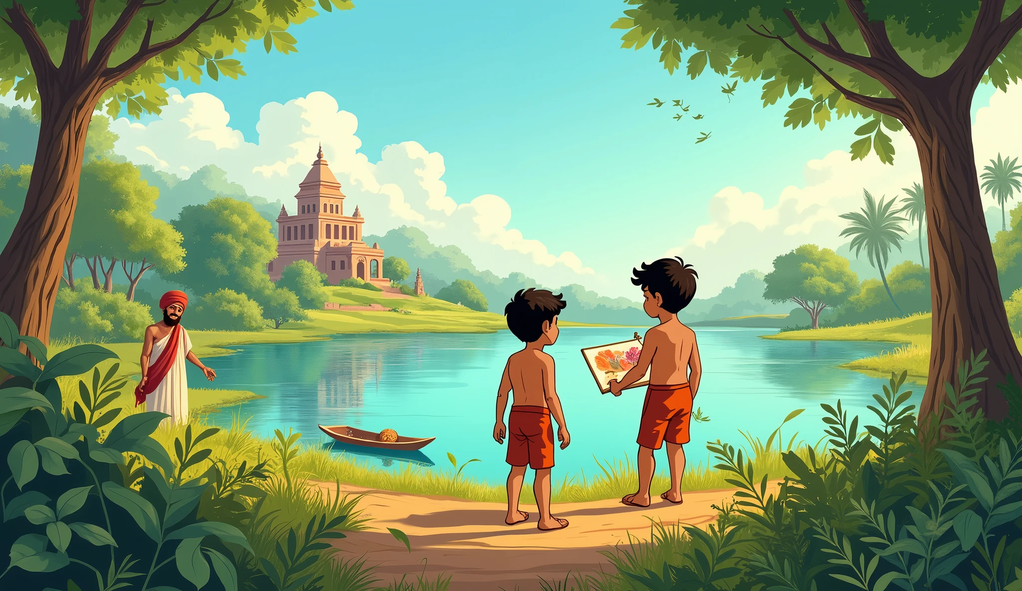 Background:** View of the village lake and greenery.
- **Middle:** Big images of Suraj boy and Chandra boy, Suraj boy working in the field and Chandra boy busy in art by painting nicely
- **Right:** Image of ancient temple and Sadhu Baba.
- **Bottom:** Big letters “Mahakahare Ki Mahakatha” and small letters “Journey to Sarovarpur.” Cartoon image
