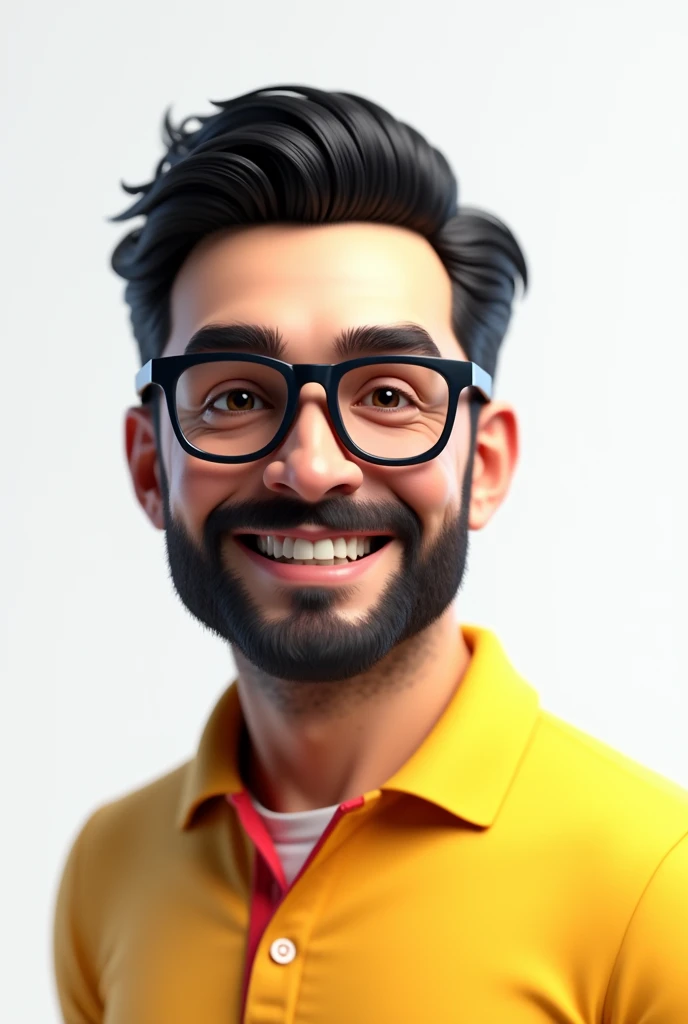 3d image portrait with white background 40 year old man white color, black hair, black beardprescription glasseslarge text crimpedyyellow polo shirt with red collarsmiling