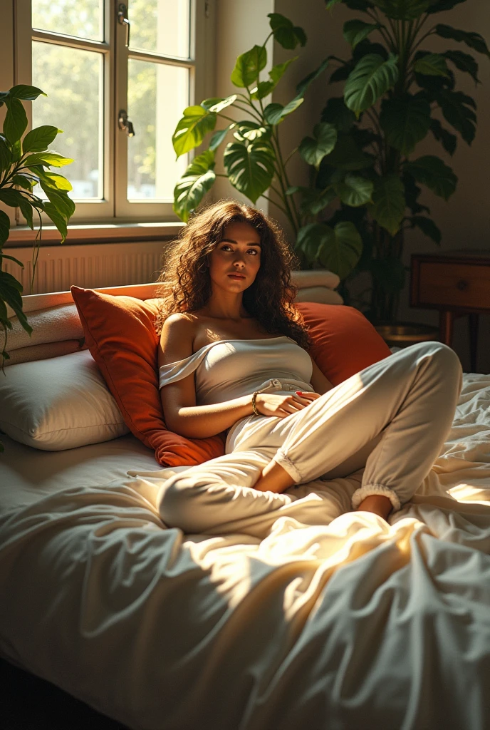 (photorealism:1.2), beautiful cars, sitting on bed, wearing loose off-shoulder top, pajama pants, long curly hair, indoors, soft lighting, plants in background, window with sunlight, cozy room, relaxed pose, realistic, intricate details, warm colors, by Greg Rutkowski, by Alphonse Mucha