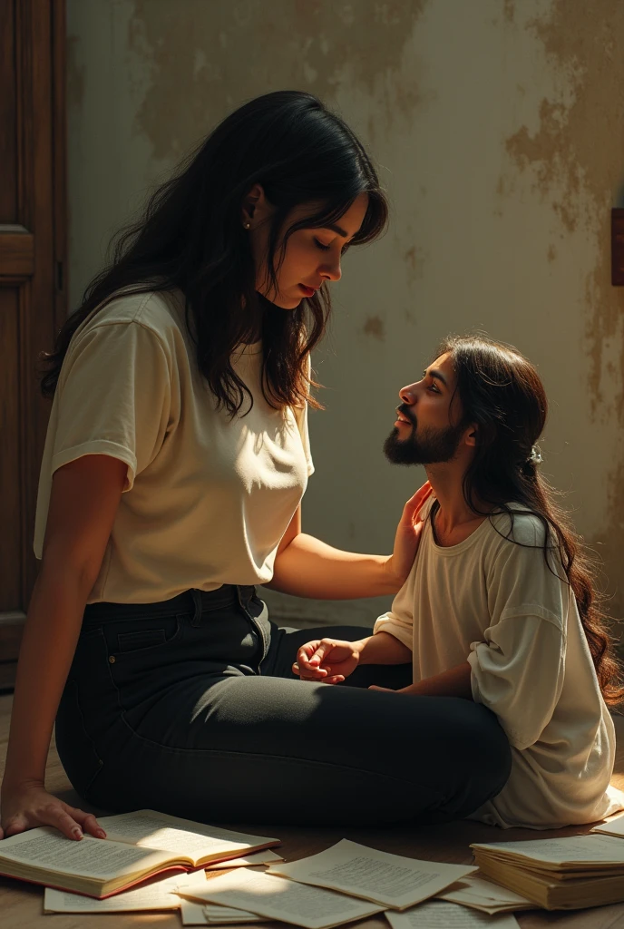 A young Brazilian woman in her 20s with medium, dark straight hair,Caucasian skin, gorda,wearing black twill pants and a t-shirt. She is sitting in front of several papers and Jesus is sitting next to her.