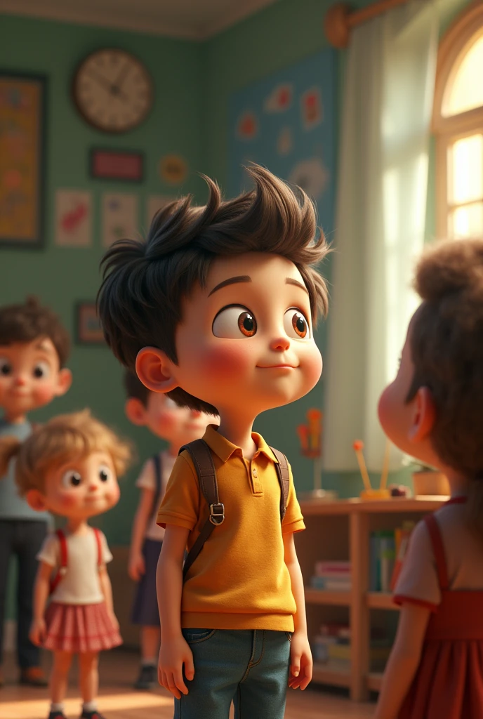 Very cute boy cartoon character, classroom, with friends watching the teacher tell stories, unreal engine, warm interior lighting, arts station, Detailed digital painting, cinematographic, character design by mark ryden and pixar and hayao miyazaki, Unreal 5, daz, Hyper realistic, Octane rendering