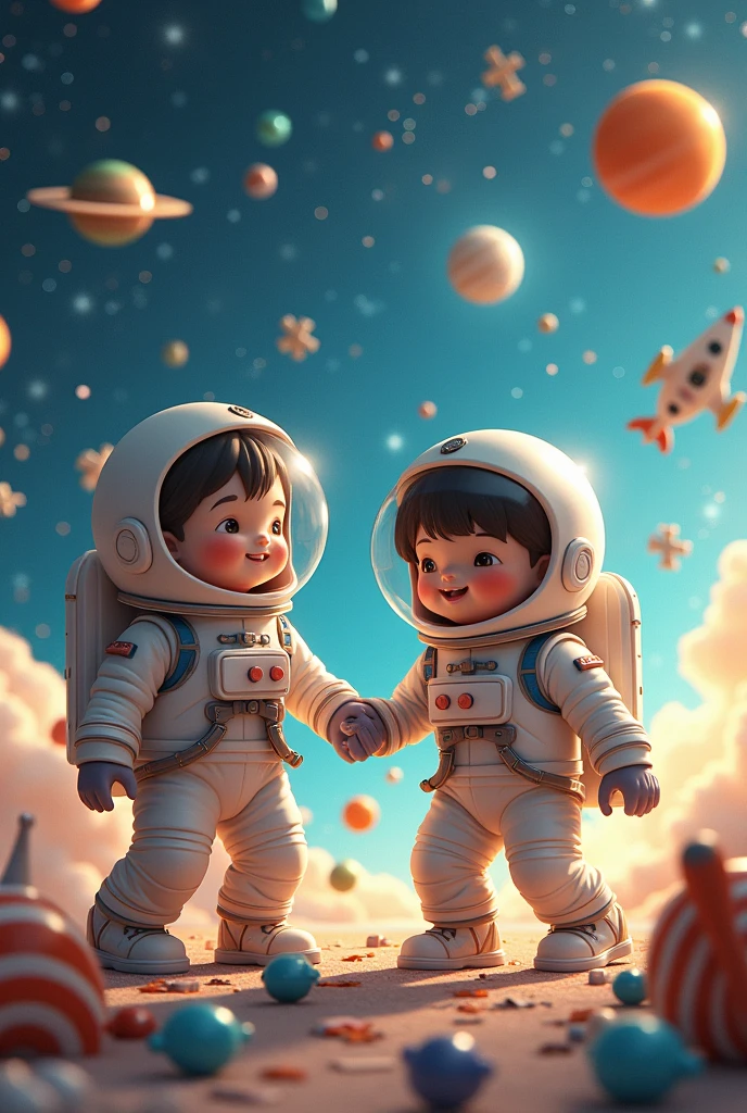 two astronaut children in space surrounded by planets, puzzle playing with dolls and drawing