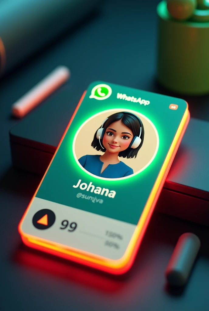 Create a glass id card of a WhatsApp profile placed on a black desk, at the top the phrase FAST AND EASY that shows the large WhatsApp logo, create a 3D illustration of a latina woman with short hair, You must wear a blue blouse and a white headset. The photo of the girl in a circle with the name of the WhatsApp social network user Johana in black below the profile photo and 99 written messages, WhatsApp card glows red and yellow on the edge. In one corner is the one held with two fingers.