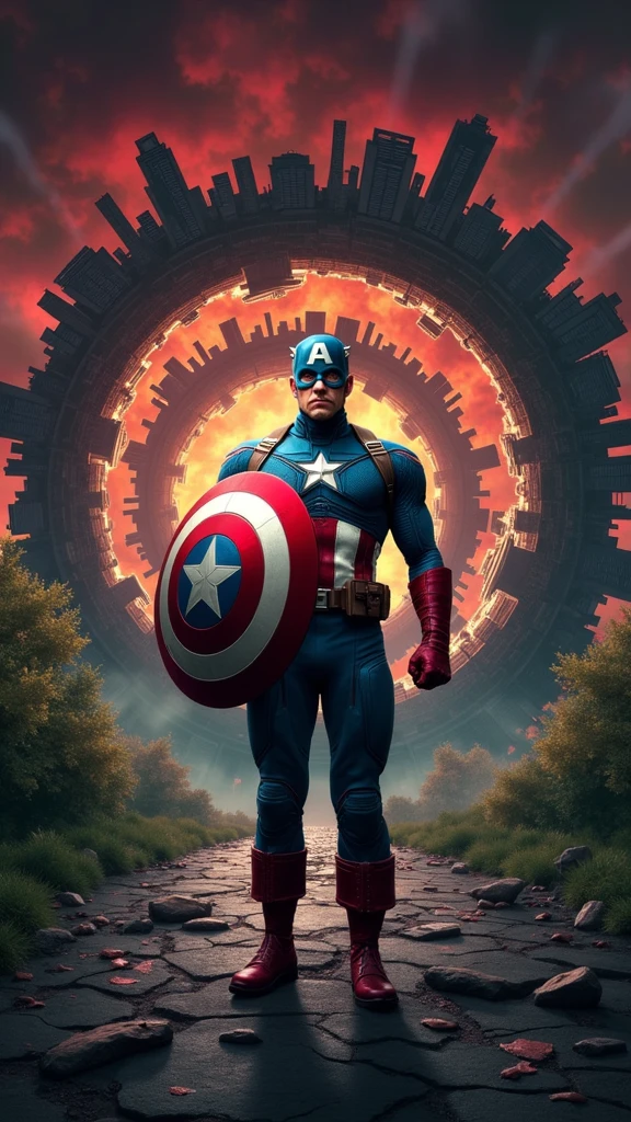 Illustrate Captain America standing in the midst of a collapsing reality, with the environment around him severely distorted and warped. His figure appears slightly twisted, as if being pulled in multiple directions by the forces of the temporal paradox. The shield he holds glows intensely, emitting pulses of energy in a desperate attempt to stabilize the chaos. The surroundings—buildings, trees, and even the ground—are stretched and twisted, curving towards Captain America at the center. The sky is a chaotic swirl of deep reds, purples, and greens, reflecting the unnatural state of the world. The ground beneath him is fractured, with pieces floating slightly off the surface, defying gravity. The composition is centered on Captain America, with the environment spiraling inward, creating a disorienting effect. In the background, faint fragments of past and future timelines are visible, adding layers of complexity. The atmosphere is chaotic and unsettling, with a sense of urgency as Captain America struggles to maintain his balance and composure. His face shows determination, tinged with fear, as he confronts the reality-threatening force. The scene should evoke the visual of a whirlpool, where reality spirals down into an abyss centered on Captain America, with vibrant, unnatural colors contrasting against the darker, twisted environment. The image should balance the surreal distortions with a clear focus on Captain America and his shield, ensuring the central elements remain recognizable amidst the chaos.