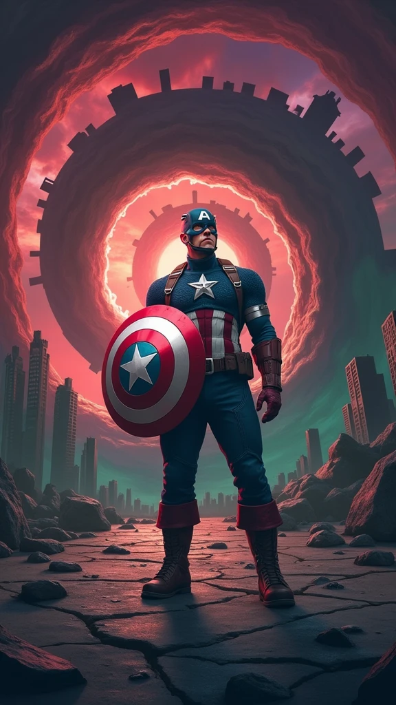 Illustrate Captain America standing in the midst of a collapsing reality, with the environment around him severely distorted and warped. His figure appears slightly twisted, as if being pulled in multiple directions by the forces of the temporal paradox. The shield he holds glows intensely, emitting pulses of energy in a desperate attempt to stabilize the chaos. The surroundings—buildings, trees, and even the ground—are stretched and twisted, curving towards Captain America at the center. The sky is a chaotic swirl of deep reds, purples, and greens, reflecting the unnatural state of the world. The ground beneath him is fractured, with pieces floating slightly off the surface, defying gravity. The composition is centered on Captain America, with the environment spiraling inward, creating a disorienting effect. In the background, faint fragments of past and future timelines are visible, adding layers of complexity. The atmosphere is chaotic and unsettling, with a sense of urgency as Captain America struggles to maintain his balance and composure. His face shows determination, tinged with fear, as he confronts the reality-threatening force. The scene should evoke the visual of a whirlpool, where reality spirals down into an abyss centered on Captain America, with vibrant, unnatural colors contrasting against the darker, twisted environment. The image should balance the surreal distortions with a clear focus on Captain America and his shield, ensuring the central elements remain recognizable amidst the chaos.
