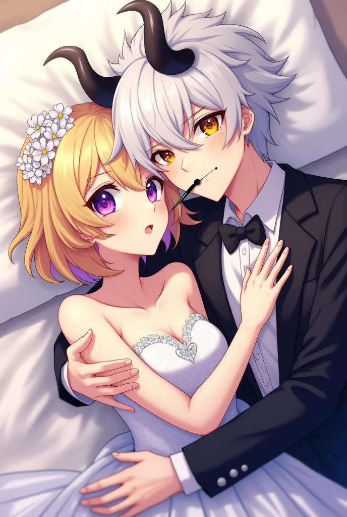 anime woman , Blonde Short hair, purple eyes, with wedding dress,  with a man with white hair, With black streak , and horned, yellow eyes, Black toothpick,  Lying in bed , icon format 