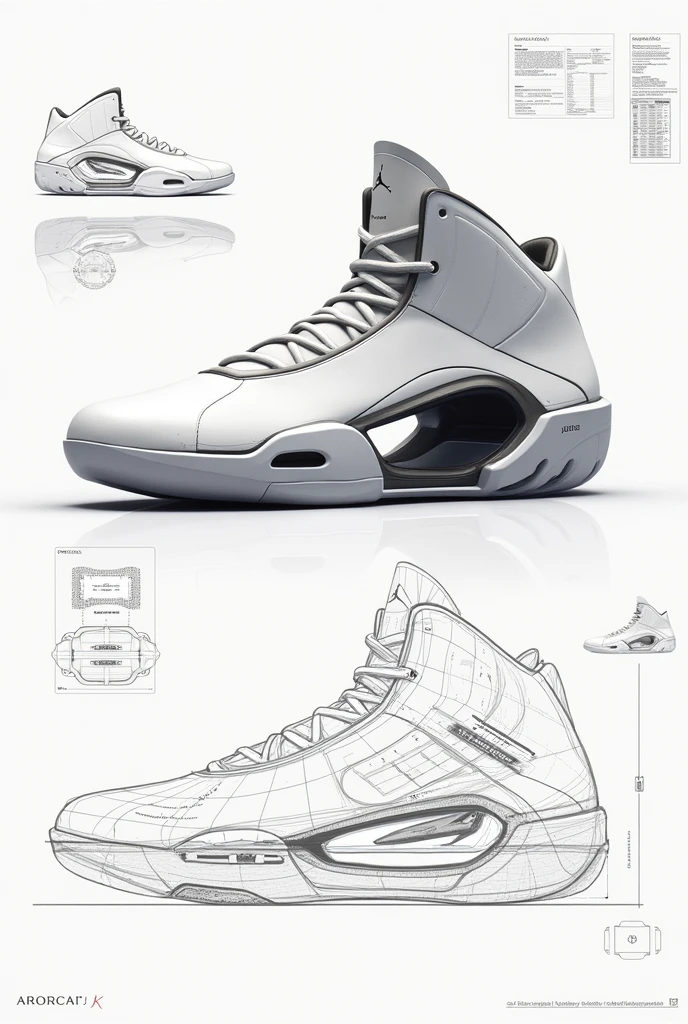 A schematic of a futuristic Jordan shoe with wheels and another schematic showing how the wheels can be retracted