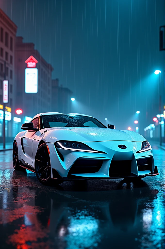 Toyota supra mk4 white in rain with blue neon loght