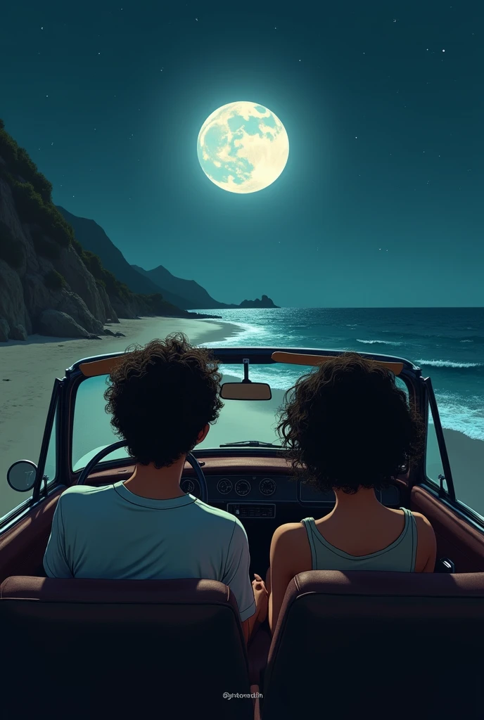 um casal, man with curly hair and woman with short curly black hair where they are inside a car going to the beach at night with a full moon. Where does he drive?. 


