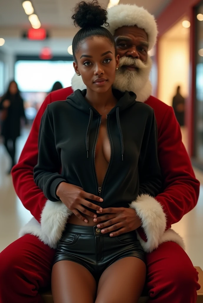 black woman hair in a bun black hoodie black leather short shorts butt cheeks showing excited and eyes wide open on her face setting in santa claus lap at the mall 8k santa has his hands around her waist and kissing her neck hands in her ass cheeks
