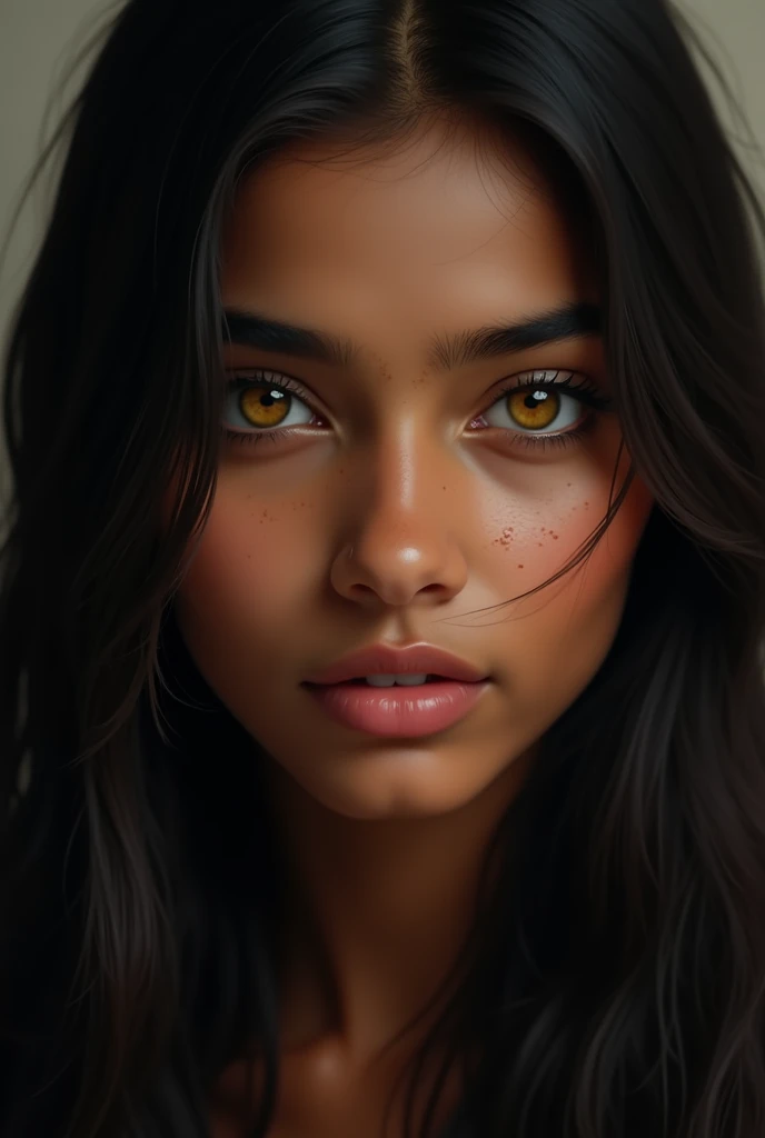 indian girl, diamond shaped face, dark skin brunette, straight and smooth hair hanging dark black color, light yellow eyes, splattered nose 
