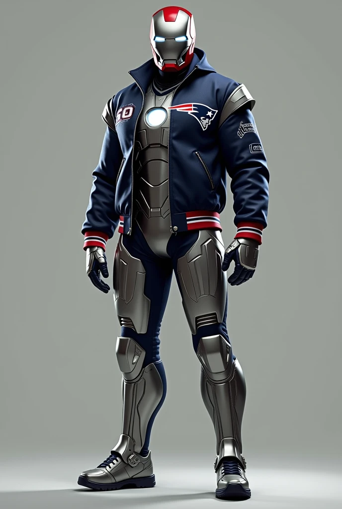 (photorealism:1.2), Full body Ironman with open front helmet, wearing New England Patriots jacket