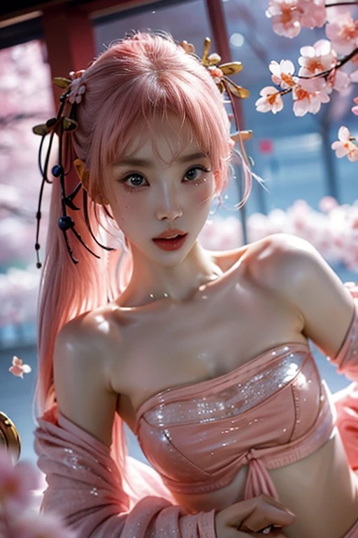 (((Sexy pink lingerie)))、Bangs and twin tails、belly button and lower chest are visible、shiny skin、((Shy face))、((Blushed))、(teary eyes)、cry、(((A temple filled with cherry blossoms)))、((beautiful picture))，(masterpiece details RAW photos:1.25), (best quality:1.6), (Ultra-high resolution:1.5), (actual:1.75), 8K resolution, Canon EOS R5, 50 mm, absurd, Super detailed,movie lighting、((Sexy tong))
