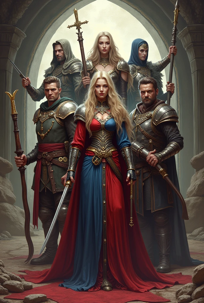 Rpg the deluxe handbook, , high detailed official artwork, card art, collectible card art, dnd card art, antique art book, art book art, detailed game art, dzo, Devil 4 group (warrior,archerqueen, ladrao, magician,clergyman, paldino) detailed game art illustration, “loading screen”