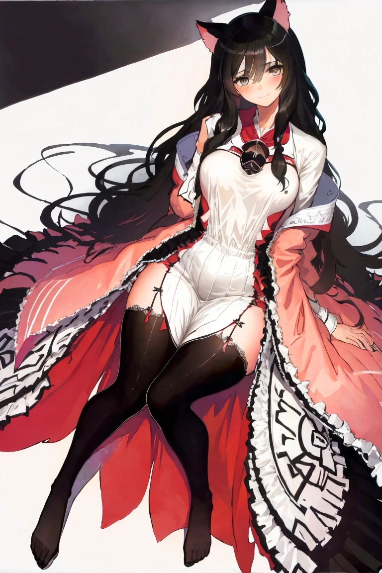 full body, mature, a cat woman, she has freckles, she has dark brown eyes, and an upturned nose, she is happy and smiling, she has long wavy hair, black hair, she is wearing aviator sunglasses with clear lenses in a soft watercolor style. The girl's clothes must be pink, purple, and blue in celebration of the bisexual, with stains of ink and watercolor mixing and filling the scene. There should be a subtle, nuanced change in colors using the impasto technique with gouache paint. There should be a light rain in the watercolor painting with a little watercolor paper texture and a pastel background.