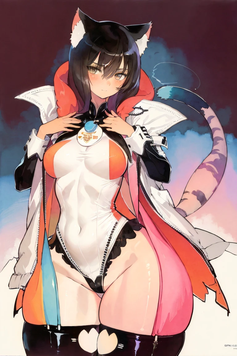 full body, mature, a cat woman, she has freckles, she has dark brown eyes, and an upturned nose, she is happy and smiling, she has long wavy hair, black hair, she is wearing aviator sunglasses with clear lenses in a soft watercolor style. The girl's clothes must be pink, purple, and blue in celebration of the bisexual, with stains of ink and watercolor mixing and filling the scene. There should be a subtle, nuanced change in colors using the impasto technique with gouache paint. There should be a light rain in the watercolor painting with a little watercolor paper texture and a pastel background.