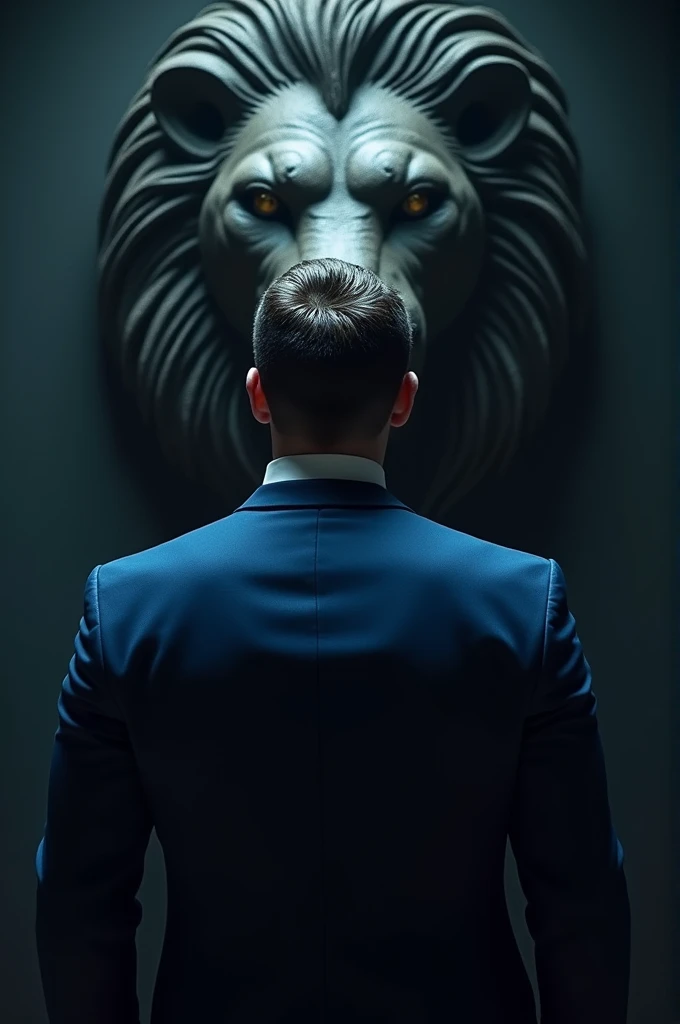 Man in blue suit and maneless lion mask