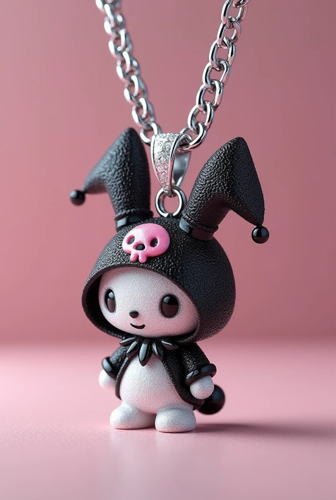 A Cuban-style chain necklace with a pendant featuring Kuromi is a fictional character. She is a naughty and somewhat rebellious bunny from the world of My Melody. Kuromi has a black hood with a pink skull in the center and a clown collar and a black demon tail, three-pointed triangular ears with two little balls on the tip of the female ear, and a white body. . Made of diamonds, diamond scraps facing forward.