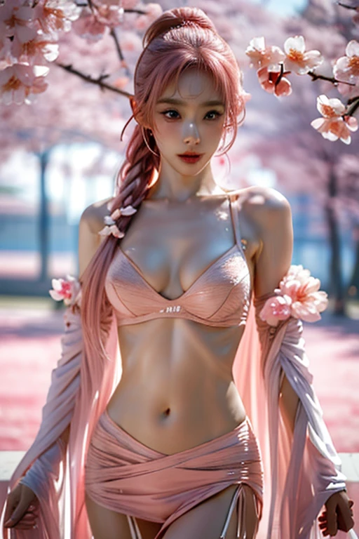 (((Sexy pink lingerie)))、Bangs and twin tails、belly button and lower chest are visible、shiny skin、((Shy face))、((Blushed))、(teary eyes)、cry、(((A temple filled with cherry blossoms)))、((beautiful picture)),(masterpiece details RAW photos:1.25), (best quality:1.6), (Ultra-high resolution:1.5), (actual:1.75), 8K resolution, Canon EOS R5, 50 mm, absurd, Super detailed,movie lighting、((Sexy tong))