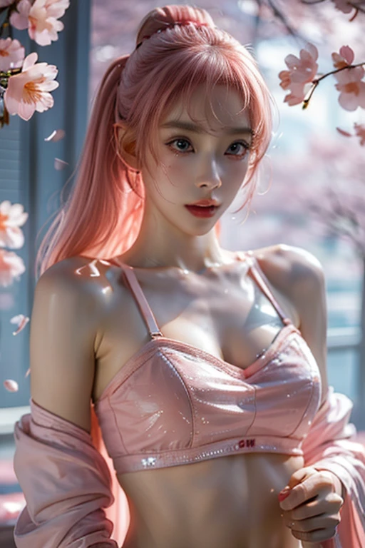 photography of beautiful woman naked, beautiful round breasts in white overcoat, colorful light and shadow, blurred motion, colorful, double exposure, colorful background, dreamy, fantasy, soft lighting, vibrant colors, medium long shot, portrait, surreal photography, glitter dust, cherry blossom flower bokeh light