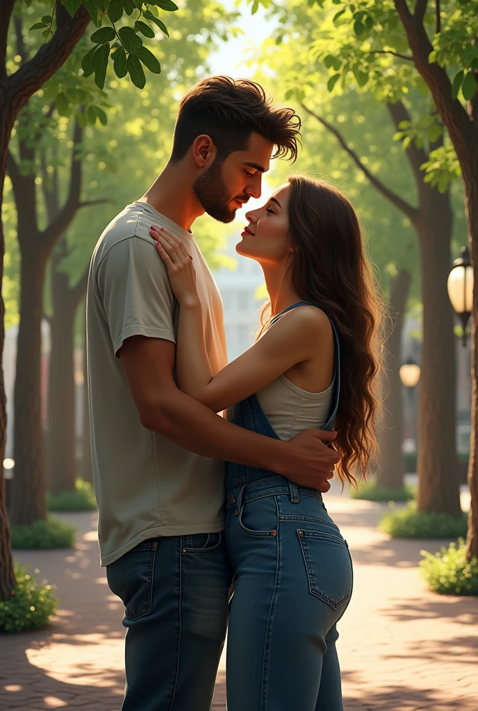 PICTURE REALISTIC, tall thin man, casual clothes, woman in denim overalls, long brown hair, hugging tightly in a tree-lined square.