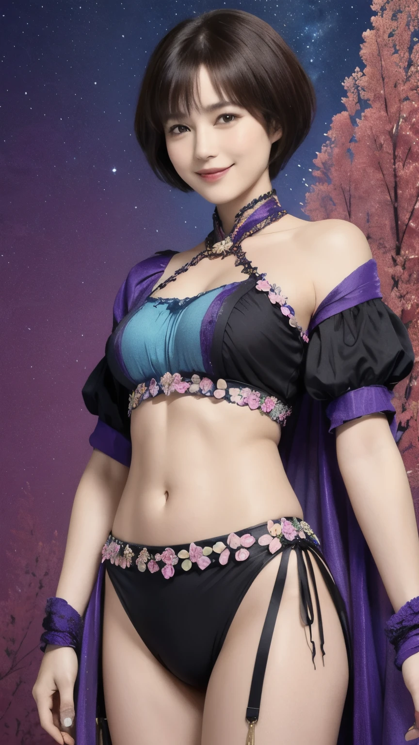 276 (20-year-old woman and man,short hair), Are standing, (beautiful:1.1), (Fractal Art:1.2), (Advanced backgrounds), (Many colors:1.4), (Old-fashioned smile), Abdominal muscles, flower