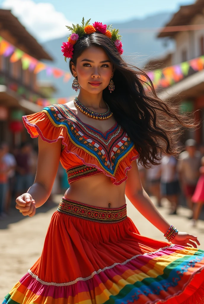 photorealism. a beautiful woman, with a Bolivian cholita costume with a miniskirt. Dancing Bolivian Morenada