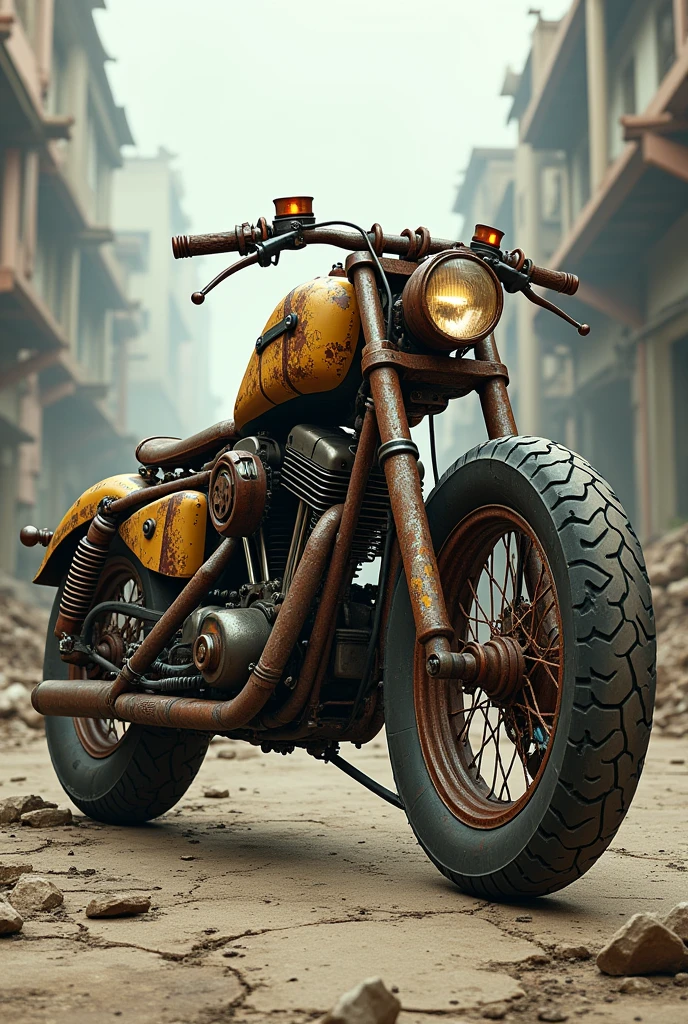 Motorcycle casts with rusty scrap metal and worn wheels in 2D