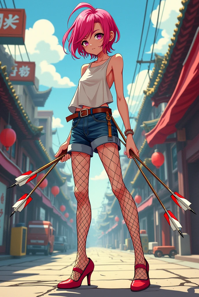 You can make a comic-like image of a BOY with pink hair, who is wearing short shorts and a sleeveless shirt, also some fishnet tights and heels, that is thin, attractive and has a Japanese feel, that he carries some arrows in his hands, no tits, no long hair, a femboy, commodity.
