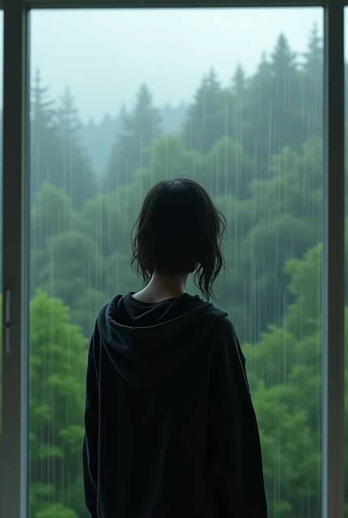 Make me a portrait image of a beautiful white girl wearing a black hoodie but she is standing up and we can only see behind her make it look like she’s looking outside her big long window at the rain the forest make it look like we are looking farther away