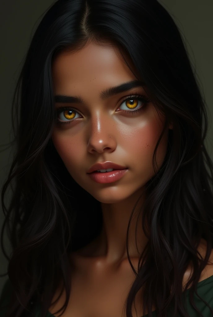 indian girl, diamond shaped face, dark skin brunette, straight and smooth hair hanging dark black color, light yellow eyes, splattered nose 
