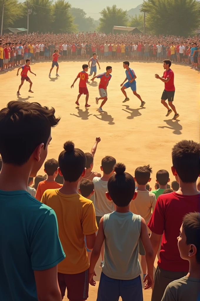 Several happy people watching a football game on a dirt field