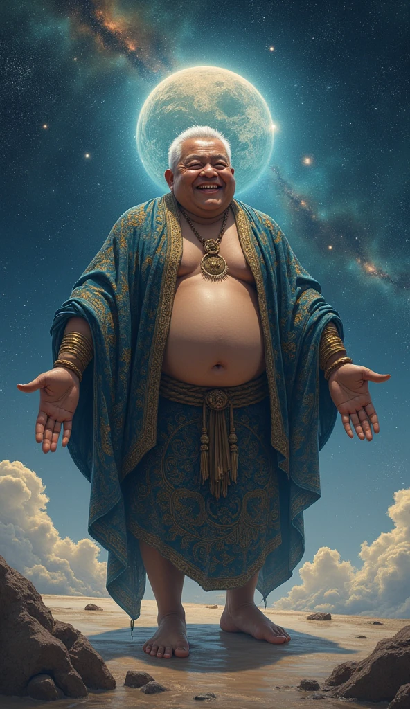 Semar stands in the vast expanse of the cosmos, his short, almost-bald white hair shimmering softly under the distant light of far-off stars. His round face, adorned with an eternal smile, and his small, half-closed eyes seem to delve into the depths of the universe. His rotund belly and stout figure are draped in a batik cloth that glistens with galactic patterns, its intricate motifs weaving through space with cosmic hues. His short, outstretched hands appear to embrace the entire universe. His bare, sturdy feet seem to float among nebulae and stars, merging with the cosmic mystery he watches over, while the whisper of interstellar winds conveys a timeless serenity.