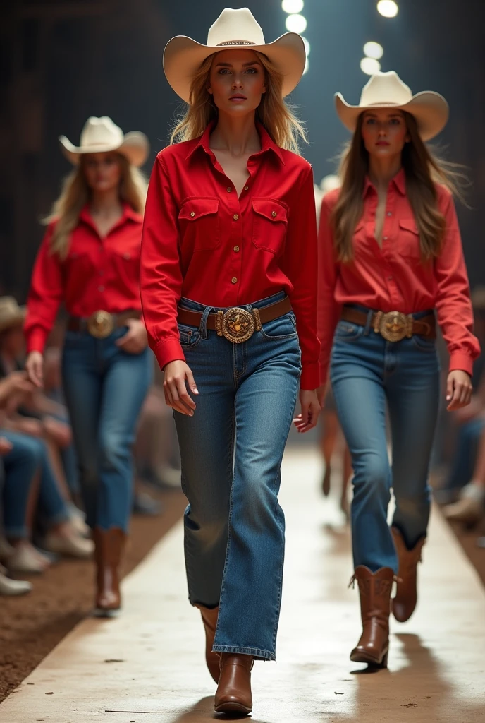 Models with red shirts and jeans, calf accessories posing for a photo, rodeo, on a catwalk for a fashion show.8k