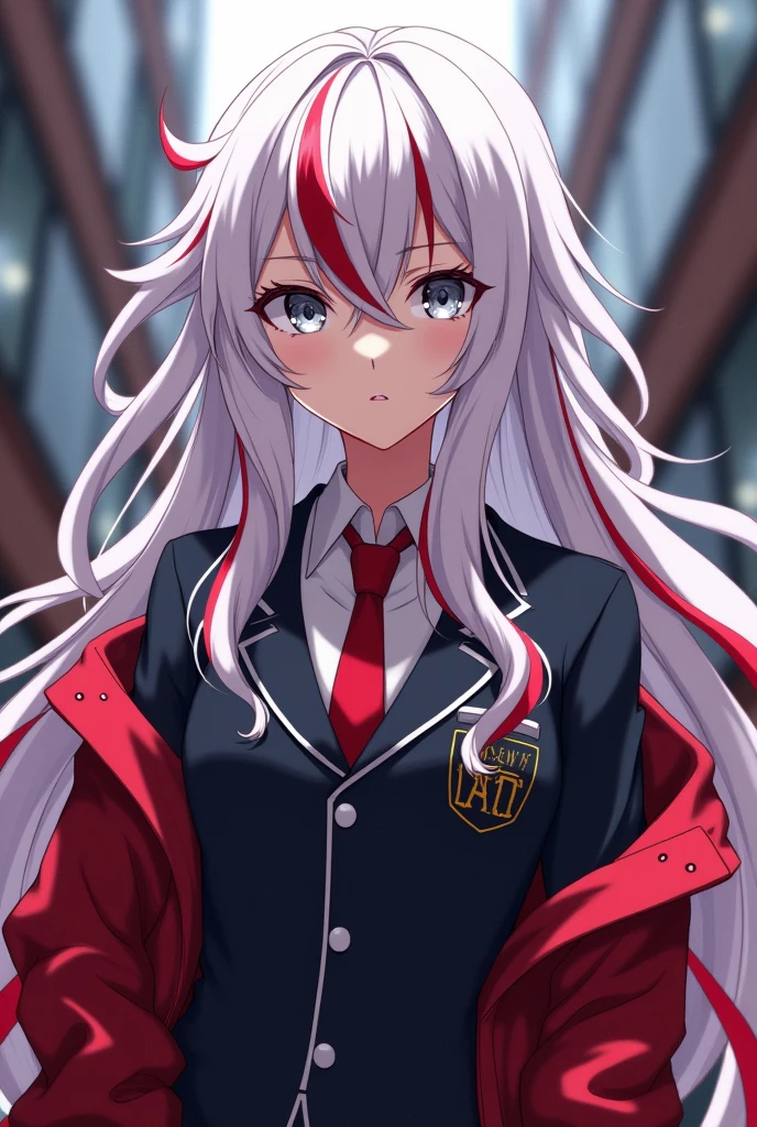 Kakegurui female character: White hair, hot pink eyes, lips and nails. Her eyes are hot pink and have big white sparkles. She also wears She wears the standard uniform issued to female students at Hyakkaou Private Academy: a red blazer with black trim lining the cuffs and collar, white button-up dress shirt and black cross tie, a black and grey checkered mini skirt, black tights, and brown loafers.. She's gambling with a creepy smile.