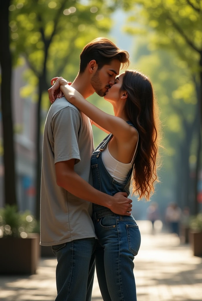 PICTURE REALISTIC, tall thin man, casual clothes, woman in denim overalls, long brown hair, hugging each other tightly and kissing in a tree-lined square.