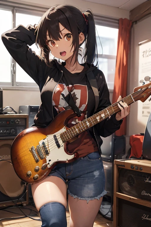 1 female, brown long messy anime hair, huge breast, thick legs, brown eyes, thick eyebrows, black jacket, red t-shirt, jeans, studio room, guitar, open mouth, drums and bass, rock and roll pose with guitar, tongue out, head banging