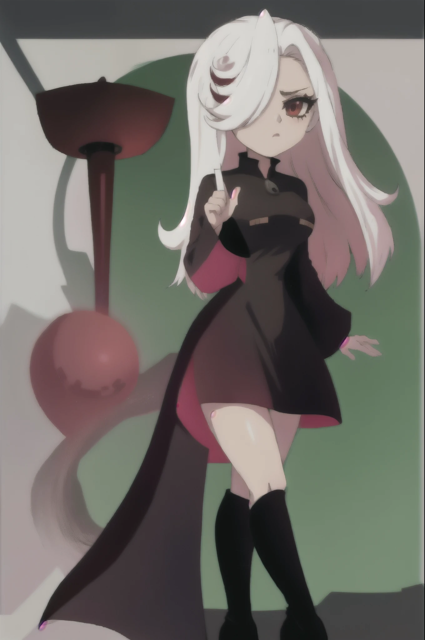 sthsage, Sage as an Adult, ((long hair)), ((lower back length hair)), white hair, multicolored hair, hair over one eye, red eyes, ((black dress)), full skirt black dress, white zipper like lining down middle of dress, standing, blank expression, ((lab background)), slightly above average sized breasts, (long sleeves), eggmaam styled black dress, eggmaam cosplay, eggmaam uniform, black thigh high boots, heels
