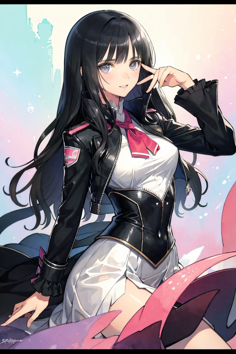 mature, a cat woman, she has freckles, she has dark brown eyes and an upturned nose, she is happy and smiling, she has long wavy hair, black hair, she is wearing aviator sunglasses with clear lenses in a soft watercolor style. The girl's clothes must be pink, purple, and blue in celebration of the bisexual, with stains of ink and watercolor mixing and filling the scene. There should be a subtle, nuanced change in colors using the impasto technique with gouache paint. There should be a light rain in the watercolor painting with a little watercolor paper texture and a pastel background.