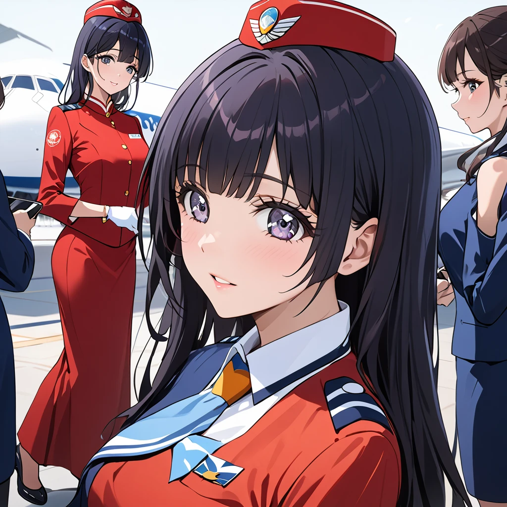 ((Highest quality)), ((masterpiece)), (detailed), (Perfect Face)、The woman is Reika Aoki with semi-long hair、The woman is a flight attendant for a Chinese airline.、Flight attendants in red uniforms taking photos for a promotional poster