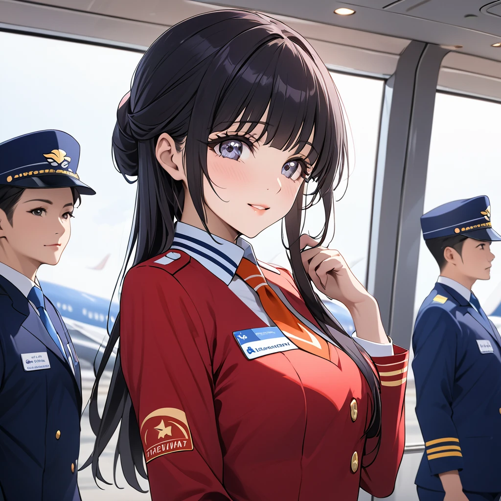 ((Highest quality)), ((masterpiece)), (detailed), （Perfect Face）、The woman is Reika Aoki with semi-long hair、The woman is a flight attendant for a Chinese airline.、Flight attendants in red uniforms taking photos for a promotional poster