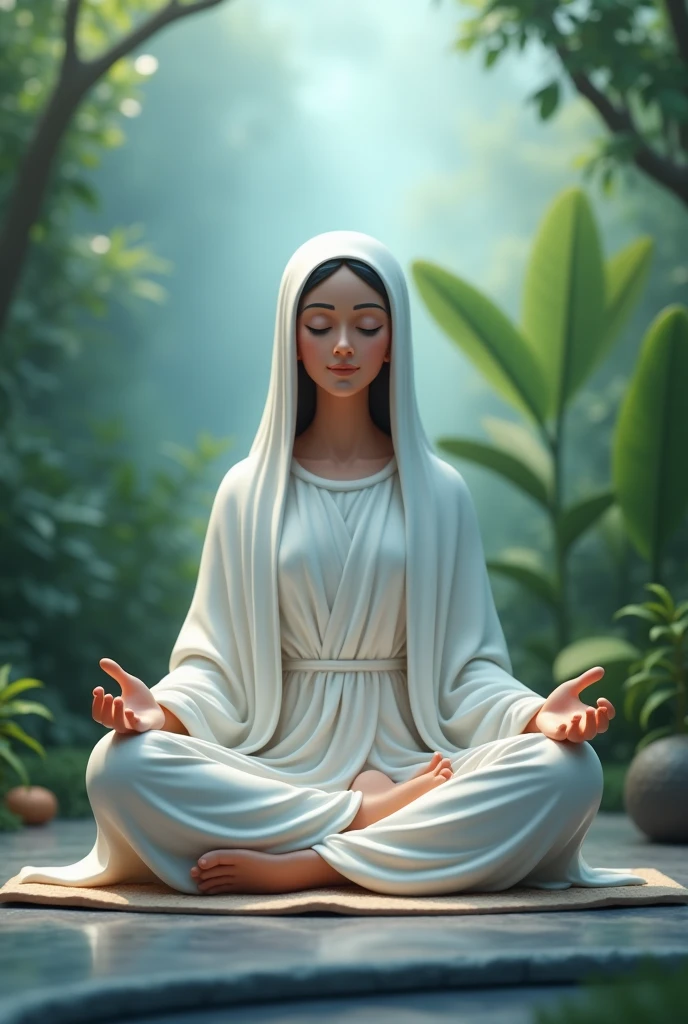 Create a high definition image of Our Lady in a serene and balanced environment. She should be sitting in a calm natural environment., with an expression of peace and balance. Include meditation elements, as meditation cushions or a space for reflection, and use soft colors like blues and greens. The image should convey a sense of calm and harmony.."