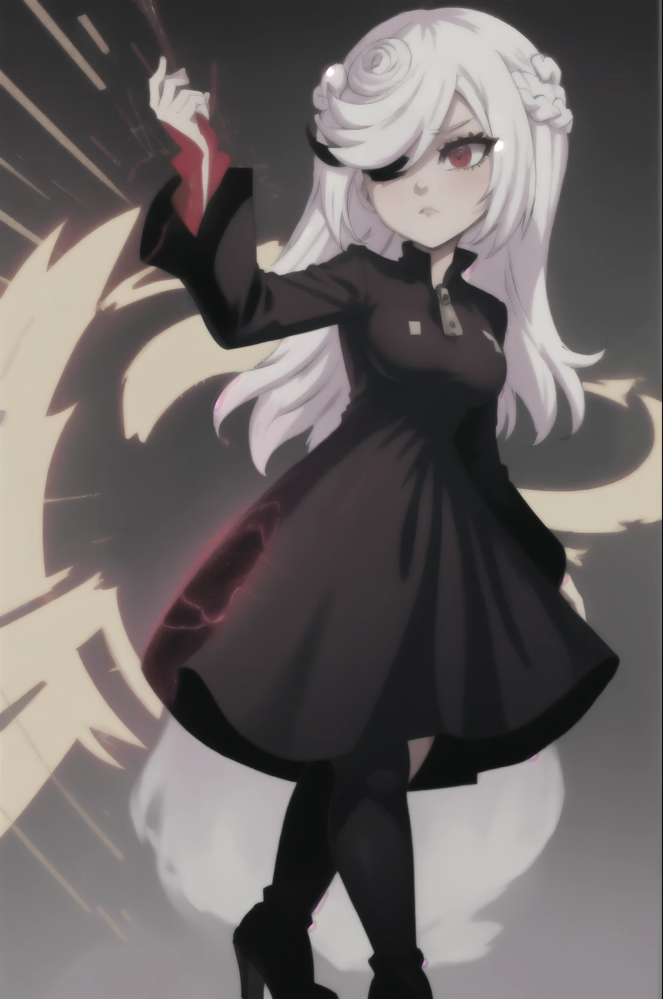 sthsage, Sage as an Adult, ((long hair)), ((lower back length hair)), white hair, multicolored hair, hair over one eye, red eyes, ((black dress)), (full skirt black dress), ((white zipper-like lining down center of dress)), standing, blank expression, ((lab background)), slightly above average sized breasts, (long sleeves), eggmaam styled black dress, eggmaam cosplay, eggmaam uniform, black thigh high boots, heels