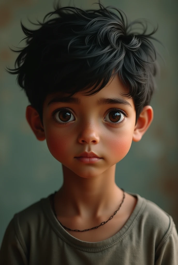 Boy with short dark hair, brown skin, dark eyes